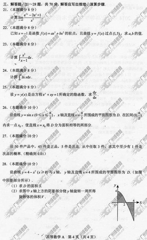 四川省成人高考2014年统一考试专升本高等数学真题A卷